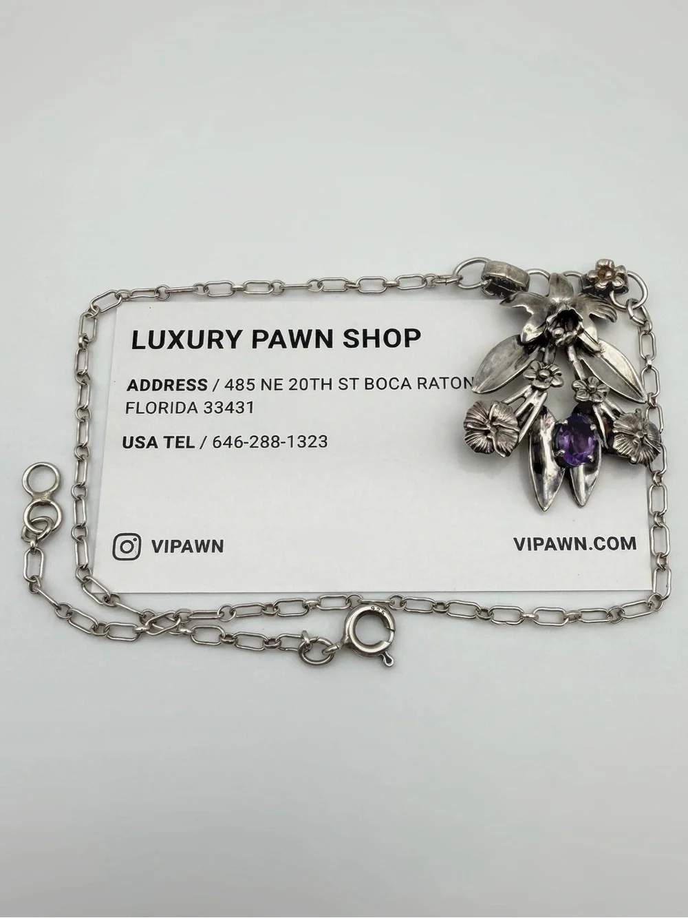 Vintage 925 Sterling Silver 1.25Ct Natural Amethyst Stone Orchid Floral Necklace